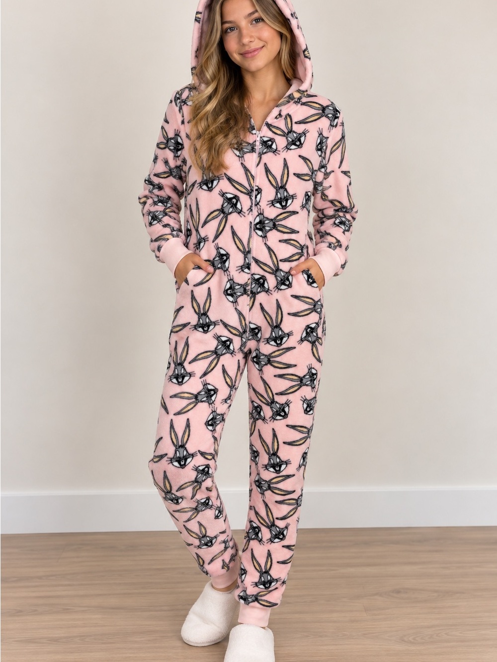 Looney Tunes Bugs Bunny Pink Fleece Hooded Onesie Girls 14/16